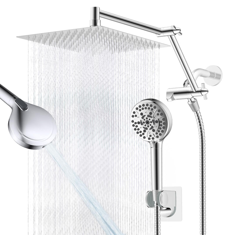 12” All Metal Rain Shower Head, High Pressure Rainfall Shower Head with Handheld Spray Combo, 5” Handheld Spray Powerful Clean 10-Mode, 16" Shower Extension Arm, 71" Hose, 3-Way Diverter, Chrome Square 12"