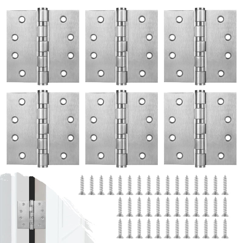6Pcs Stainless Steel Silver Door Hinges, 4 x 4 Inch Door Hinge with Ball Bearing, Heavy Duty Door Hardware, Door Hinges with Square Corners 6 Pack