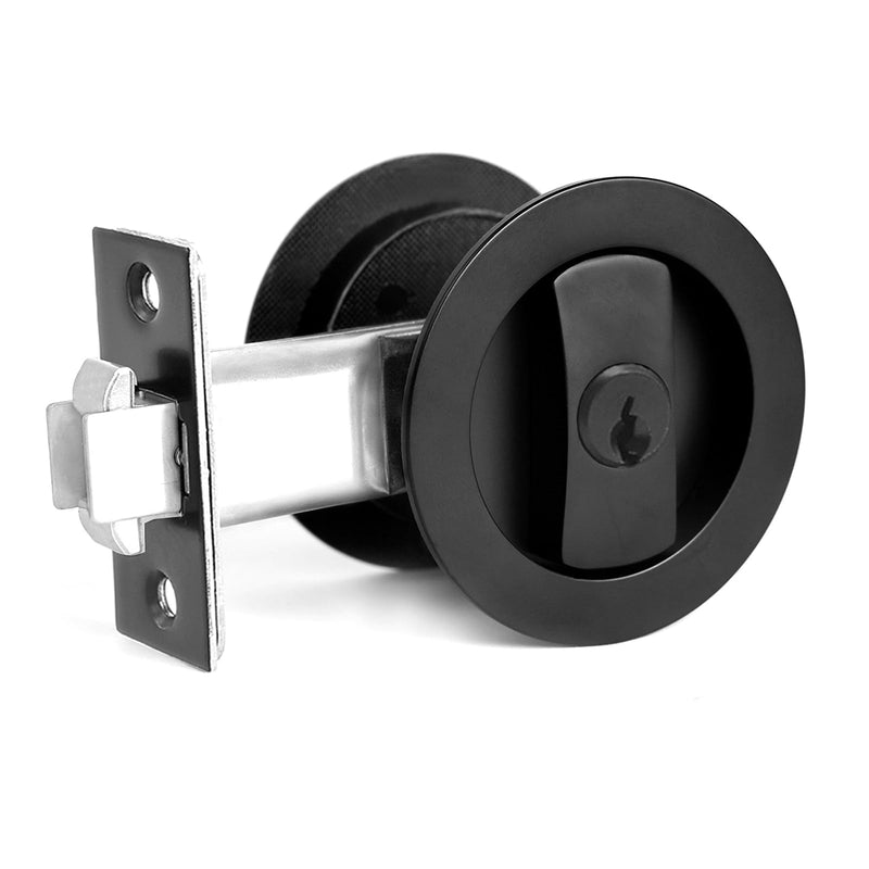 Dontay Pocket Door Keyed Lock, Round Contemporary Entrance Sliding Barn Door Lock Latch, Recessed 2 Sided, 2-3/8 inch Backset, Flush Handles Hardware(Matte Black,1) Matte Black 1