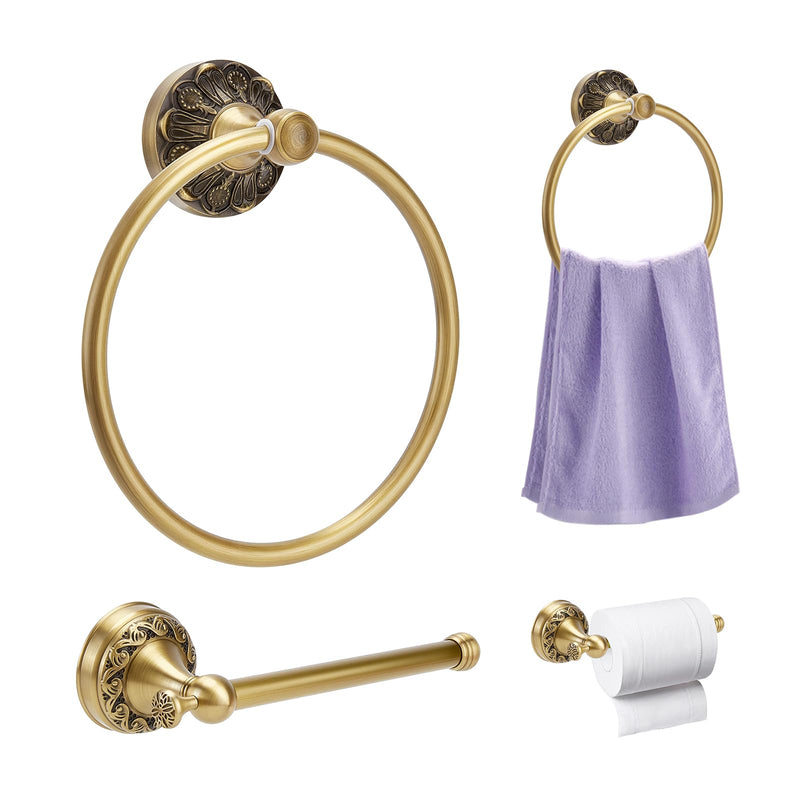 2 Pieces Set Antique Brass Toilet Paper Holder Brass Hand Towel Ring Tissue Roll Paper Hanger Round Hand Towel Holder Wall Mounted Bathroom Hardware Accessories Set(Round)