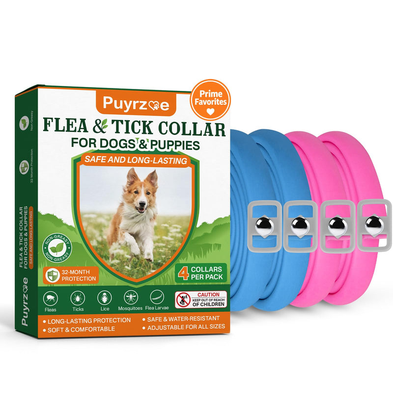 Puyrzoe Flea and Tick Prevention for Dogs Collar 4 Pack, Natural Flea Collar for Dogs 32-Month Full Protection, Adjustable Dog Tick Prevention for Puppy & Dog, Waterproof, 2 Pink & 2 Blue - NewNest Australia