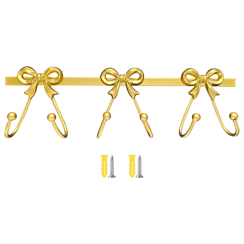 Gold Bow Wall Mounted Coat Rack, Heavy Duty Metal Bow Wall Hooks with 6 Hooks, Decorative Entryway Organizer for Robes Towels Purses Keys Gold