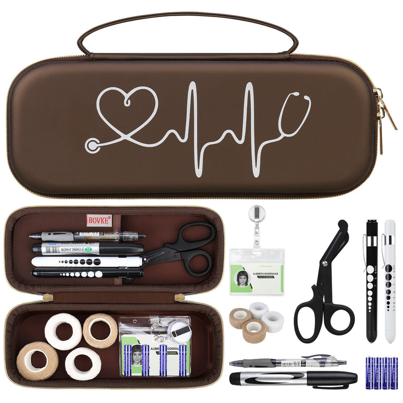 BOVKE 15 Pcs Stethoscope Case Nurse Accessories Kit, Includes Stethoscope Case, Medical Scissor, 2 Penlights with Batteries, Bandage Wraps, Name Card Holder for Nursing School Tool Set, Brown W_Brown
