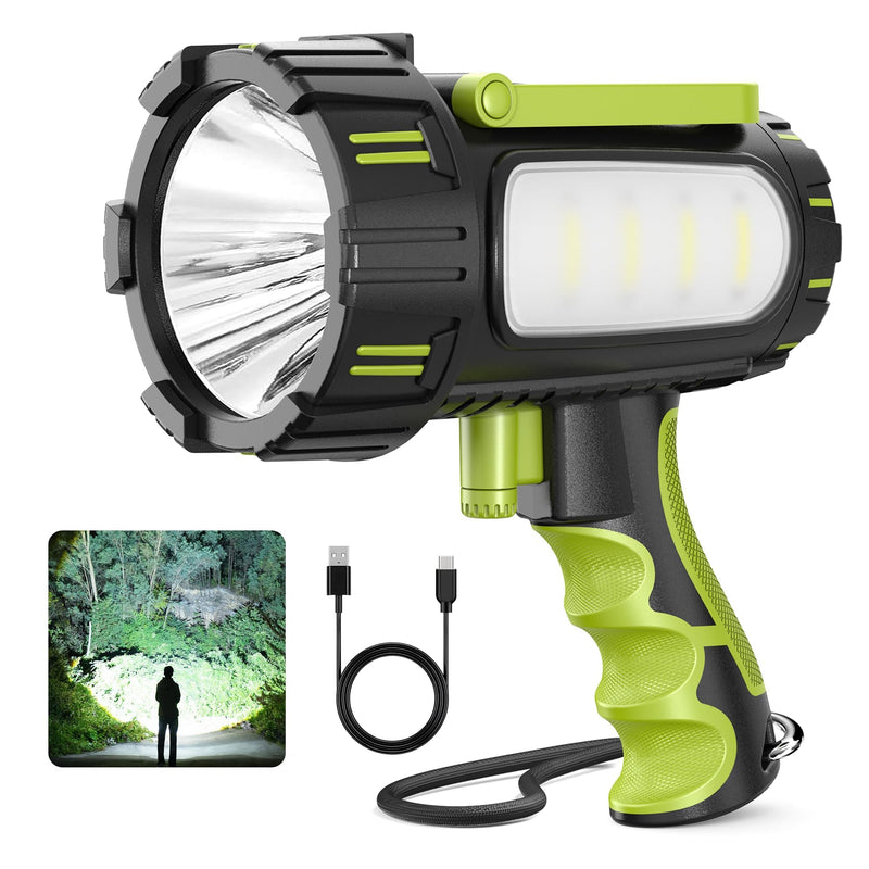 AlpsWolf Rechargeable Flashlights High Lumens, Super Bright 10000mAh Spotlight Flashlight with Built-in Stand & 3 Color Lenses, Water-Resistant LED Handheld Flashlight for Camping, Search, Emergencies Green