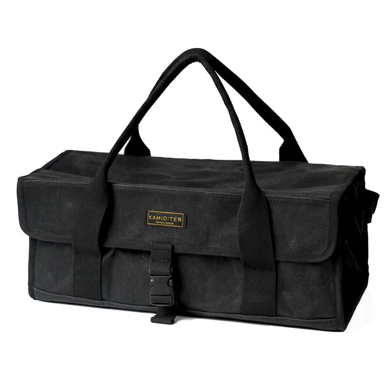 Flip Lid Camping Tool Bag, 15" Multi-Container Storage Soft Case, Water-Resistant Camping Tool Tote for Tent Stakes, Cooking Gear, Cutlery, Utensil, Flatware, Tea Kettle and Tools, Black