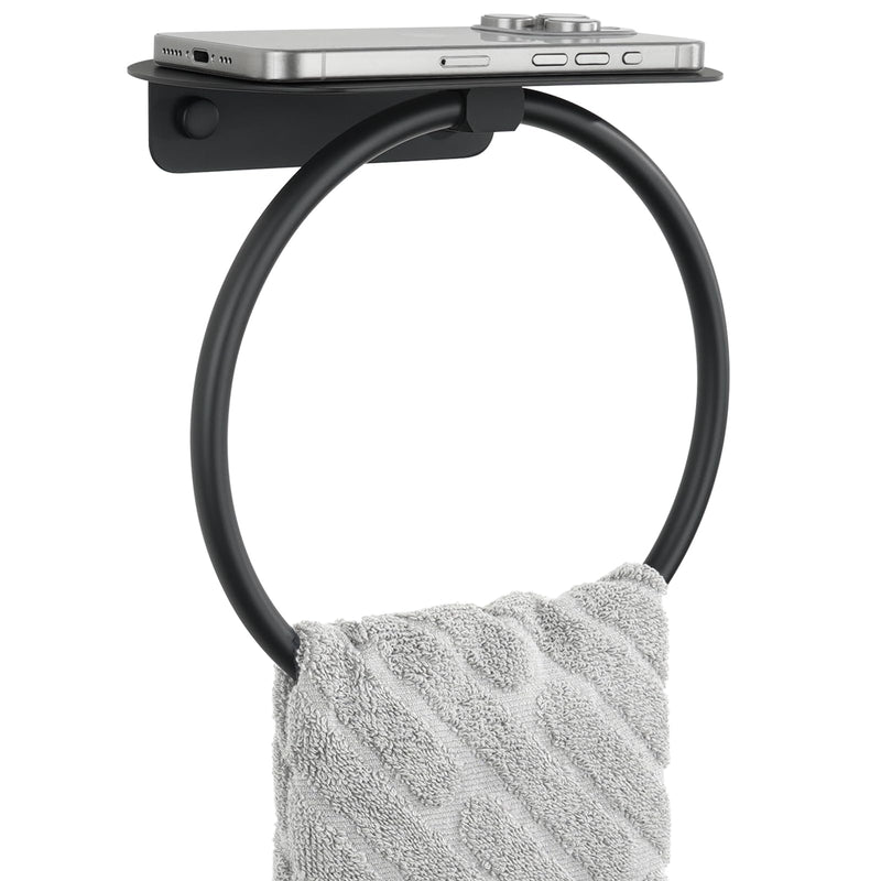 Aomasi Matte Black Bathroom Towel Ring with Shelf, Solid Stainless Steel Wall Mounted Towel Holder