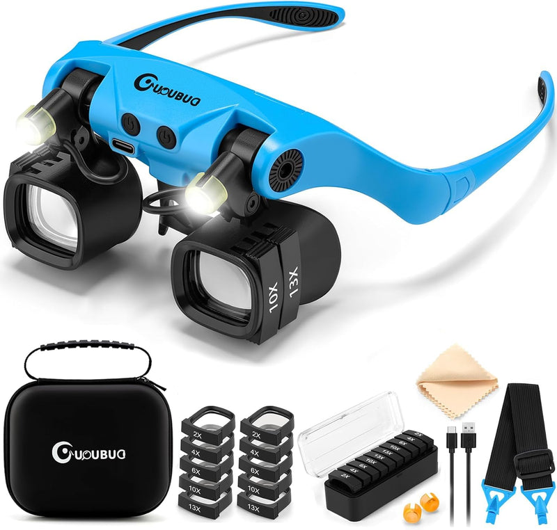 Magnifying Glass with Light, 2X 4X 6X 10X 13X Magnifying Glasses Lens, Switchable Binoculus Loupe w/Storage Case, Rechargeable Head Mount Magnifier for Close Work Watch Repair Crafts Jewelry Blue