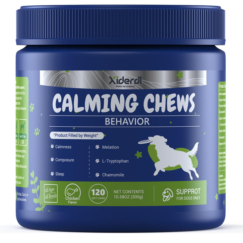 Calming Chews for Dogs – Relaxation & Stress Support with Chamomile, Valerian Root, L-Theanine, Passionflower & Ashwagandha – Calming Support with Glucosamine, Chicken Flavor, 120 Count