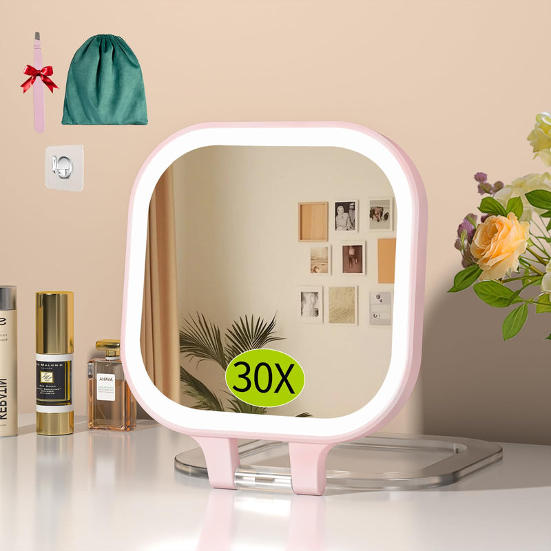 FUNTOUCH 30X Travel Magnifying Mirror with Light, 7" Rechargeable Double Sided Travel Vanity Mirror with Lights, 3 Color Lights & Adjustable Brightness, 300°Rotation, Gift for Women,Pink 7" Pink