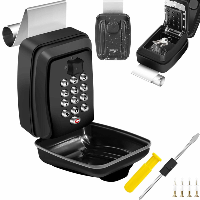 Car Key Lock Box, Waterproof 12-Digit Combination Car Window Lockbox, Metal Wall Mount Resettable Punch Button, Large Capacity for Turo, Ride Share, ID Cards, House Garage Office Spare Keys-Black Black