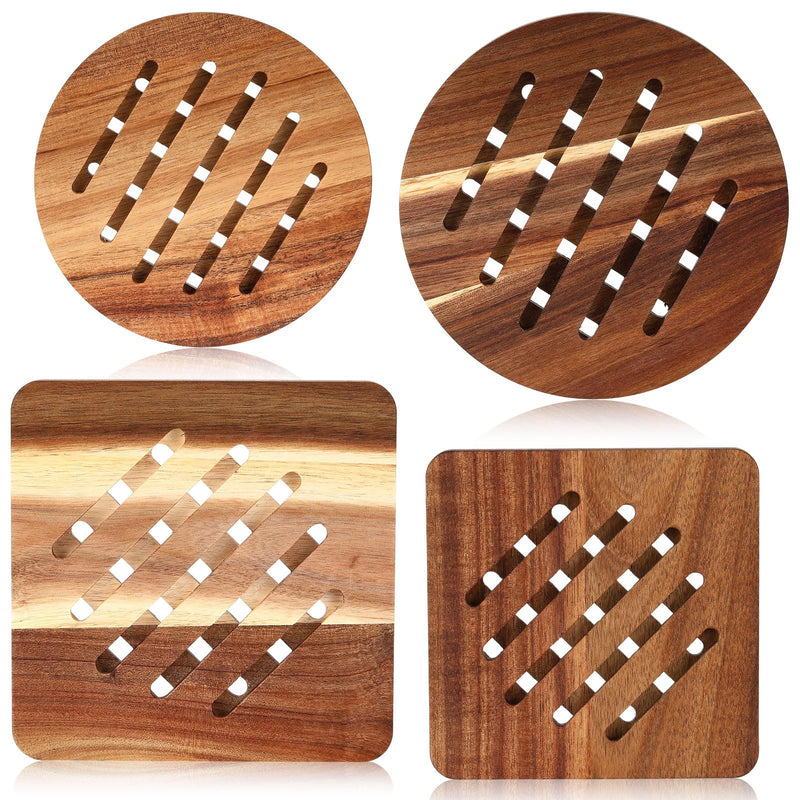 4 Pcs Acacia Trivet Mat Set 5.8inch 7inch Thicken Acacia Wood Hot Pads Trivets Heat Resistant Pads for Hot Dishes Pot Bowl Teapot, 2 Square 2 Round