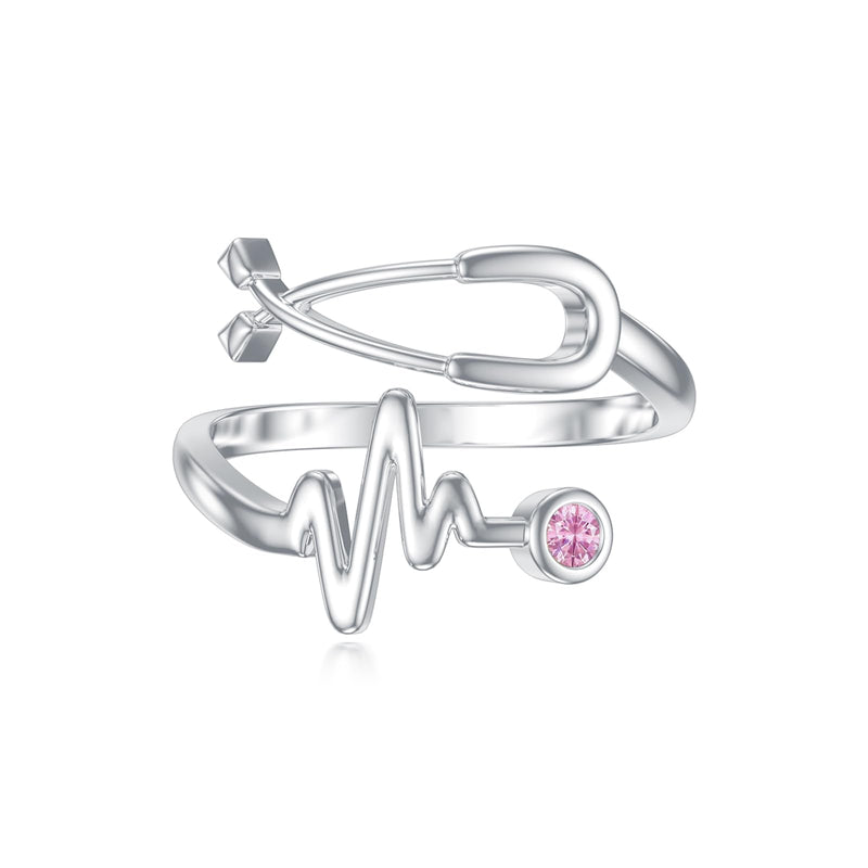 Seiyang Stethoscope Medicine Birthstone Ring 925 Sterling Silver Heartbeat EKG Stethoscope Ring with 12 Months Birthstone Graduation Gifts Medical Jewelry for Doctor Nurse Students Non-Personalized 10-October