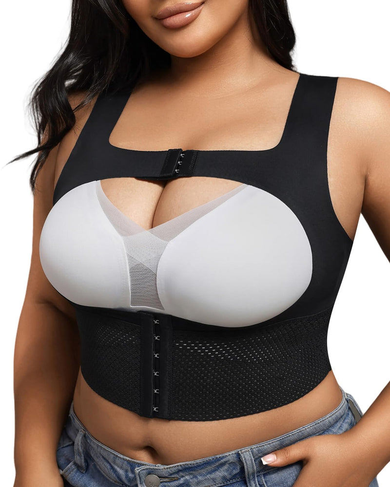 Post Surgical Compression Bra for Women, Mastectomy Front Closure Vest with X-Back Posture Control Black 4X-Large