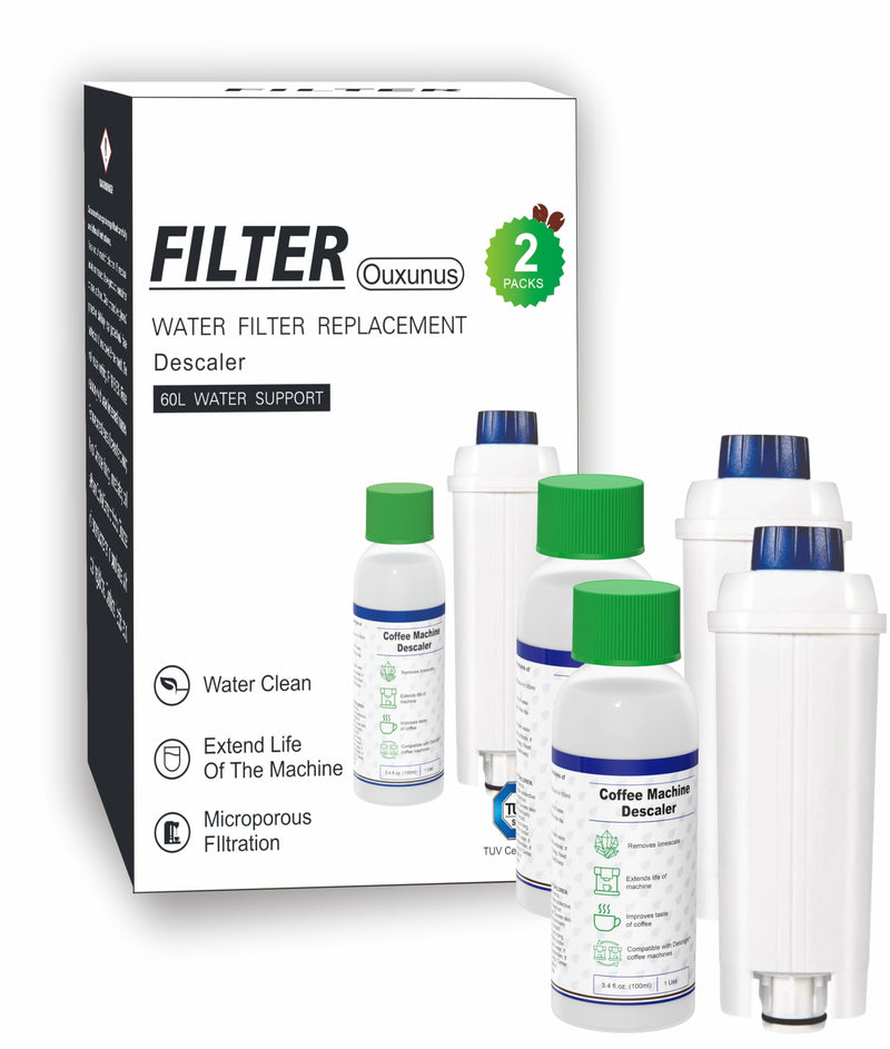 Descaling Kit Compatible with Delonghi Coffee Machines: 2 Full Maintenance Cycles | 2 Compatible with De'Longhi water Filters + 2x100ml Descaling Solution Replace Every 3 Months （6-Month）