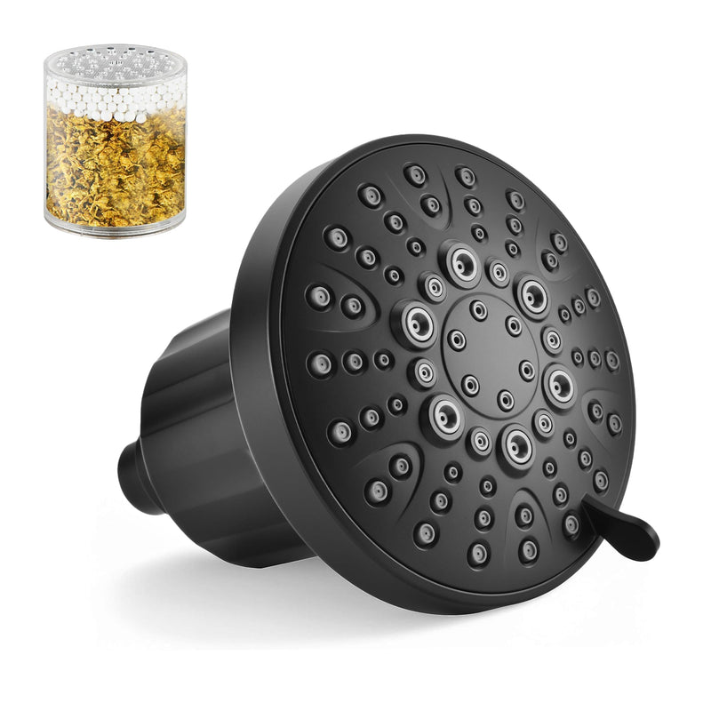 BRIGHT SHOWERS Filtered Shower Head, High Pressure Fixed Showerhead for Hard Water, Dual-Media Filter Removes Chlorine & Impurities, 8 Spray Modes, Matte Black