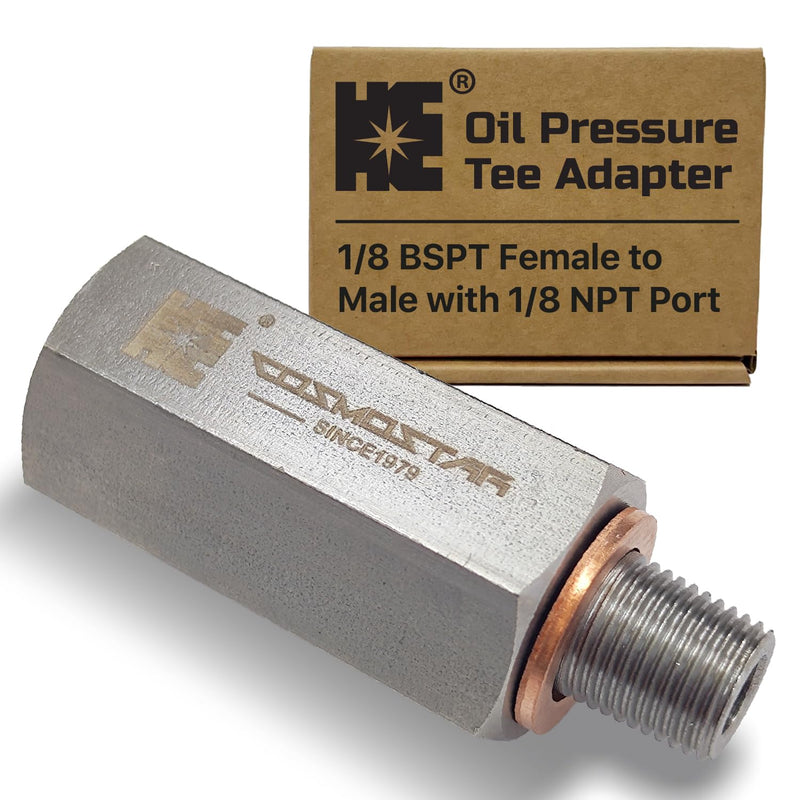 Cosmostar 1/8" BSPT Stainless Steel Oil Pressure Tee Adapter, 1/8 BSPT Female to Male with 1/8 NPT Port, 304 SS Heavy-Duty Fitting for Oil Pressure Gauge, Turbo Feed Line (OPTBS02N02)