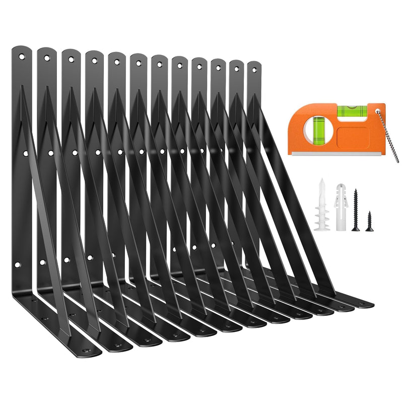 12 Pack 8 Inch Heavy Duty Shelf Bracket, Wall Shelf L Brackets for Floating Shelves, 250 LBS Max Load, Mounting Hardware Include, Black 8 Inch x 6 Inch 12