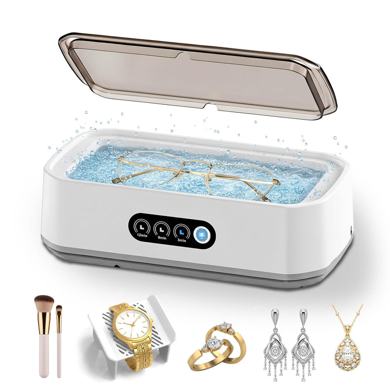 Ultrasonic Jewelry Cleaner Machine: 49KHz UltraSonic Cleaner with 3 Cleaning Modes for Jewelry,Eyeglass,Rings,Watch Band,Dentures,Retainers,Coins,Earring,Large 650ML 304 Stainless Steel Tank (White) White