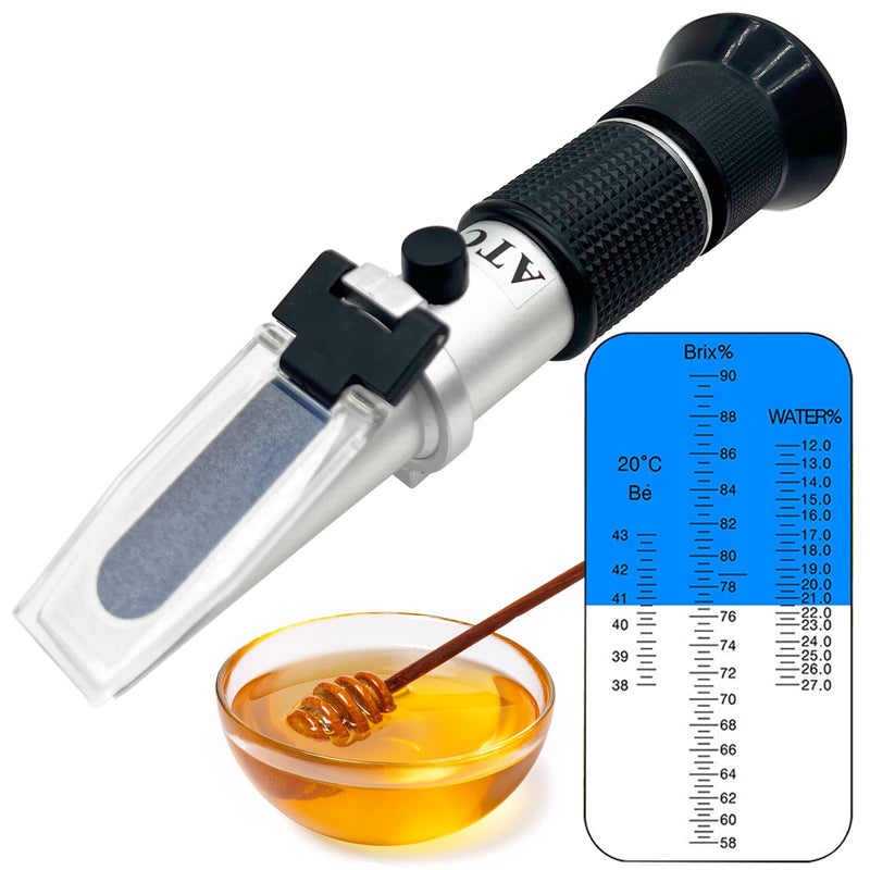 Honey Refractometer for Measruing Brix 58~90%, Honey Moisture 12~27%, Baume 38~43° Honey Moisture Tester 3 in 1 Refractometer for Honey Maple Syrup, Molasses, Fruit jam and Bee Keeping