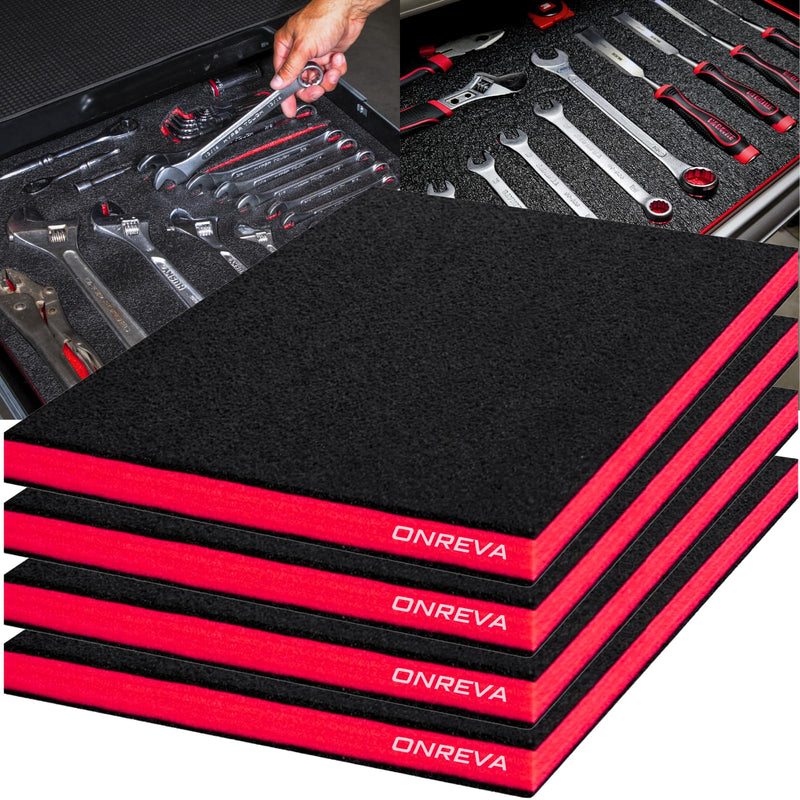ONREVA Tool Box Foam 16x12x1 inch 4Pack, Foam Inserts for Cases, Polyethylene Storage Sheets for Toolbox Hard Case, Tool Shadow Insert, Kaizen Organizer Sheet, Black with Red