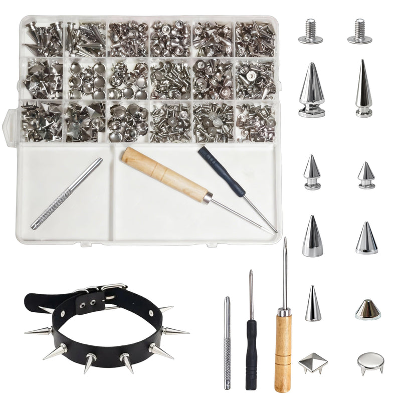 455 Pcs Punk Spikes and Studs Kit, 10 Sizes Metal Cone and Square Studs for Clothing and Leathercraft, DIY Punk Style Decoration for Jackets, Bags, Belts and Dog Collars