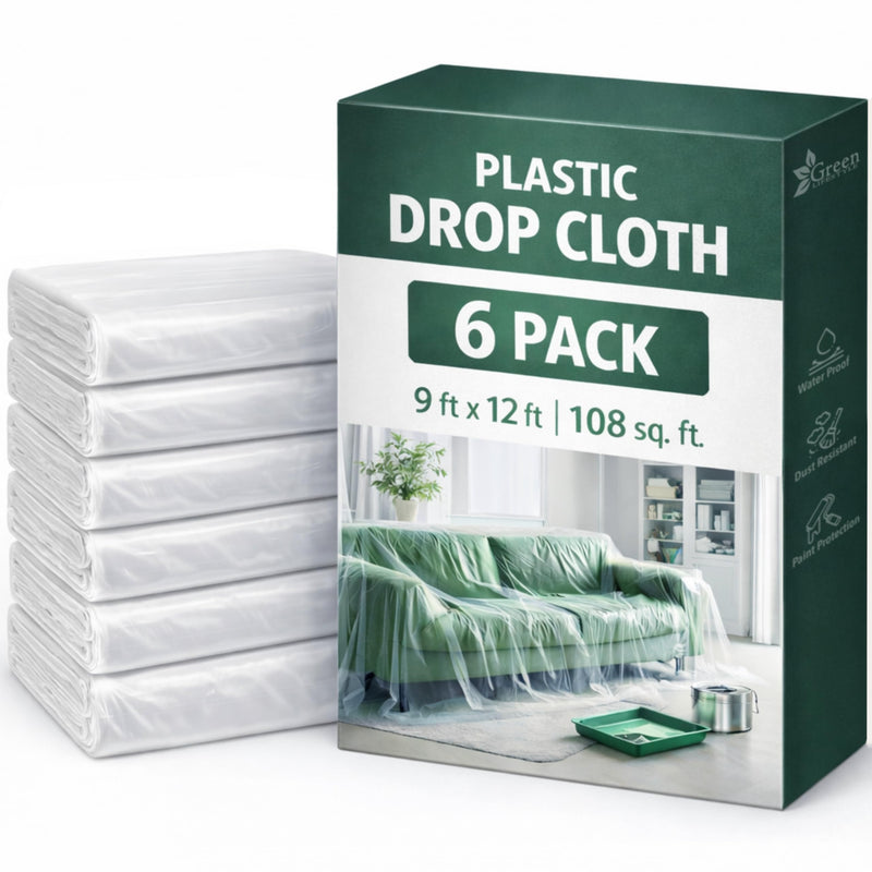 GREEN LIFESTYLE Plastic Drop Cloths for Painting 12 x 9 ft [6 Pack] – Waterproof Paint Drop Cloth, Plastic Sheets Floor Cover, Disposable Tarp for Furniture Protection, Remodeling and Moving 9x12 6