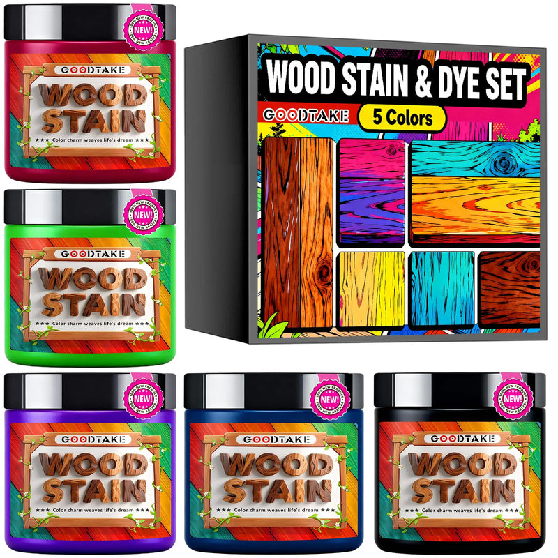GOODTAKE 5 Colors Concentrated Wood Stain Powder in Jars | Includes Purple, Rose Red, Navy Blue, Green, Black | Long-Lasting Supply for Crafts, Furniture | Just Add Water to Activate 2 oz. Per Color