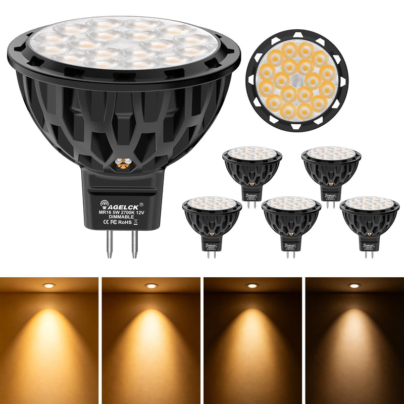 Dimmable GU5.3 LED 2700K Warm White, 5W MR16 Light Bulb 50W Halogen Equivalent, 36 Deg 610LM, CRI>85, 35000hrs Lifespan, Flicker-Free 12V LED Spot for Accent Recessed Track Landscape Lighting, 6 Pack