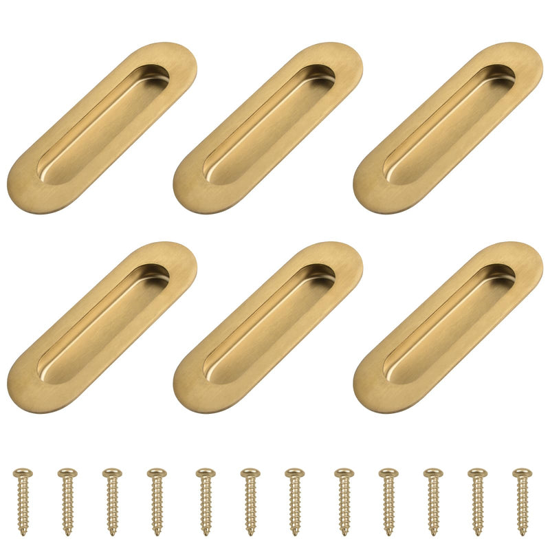 MOROBOR 6Pcs Stainless Steel Side Hole Flush Pull, Oval Embedded Sliding Door Handle Recessed Finger Pulls with Hidden Screws for Drawer Cupboard Wardrobe/Brushed Gold Brushed Gold-6PCS