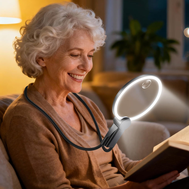 2500mAh Magnifying Glass with Light, Upgrade LCD Display Screen 5X/10X Lighted Magnifier for Seniors & Low Vision, Hands Free Magnifier for Reading, Knitting, Cross Stitch & Crafts Black