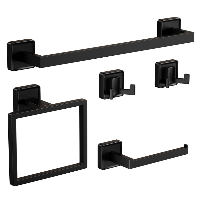 5-Piece Bathroom Hardware Set, Modern Square Black SUS304 Stainless Steel Wall Mounted Accessories for Bathroom & Toilet, Includes Towel Bar, Ring, Toilet Paper Holder and Double Hooks