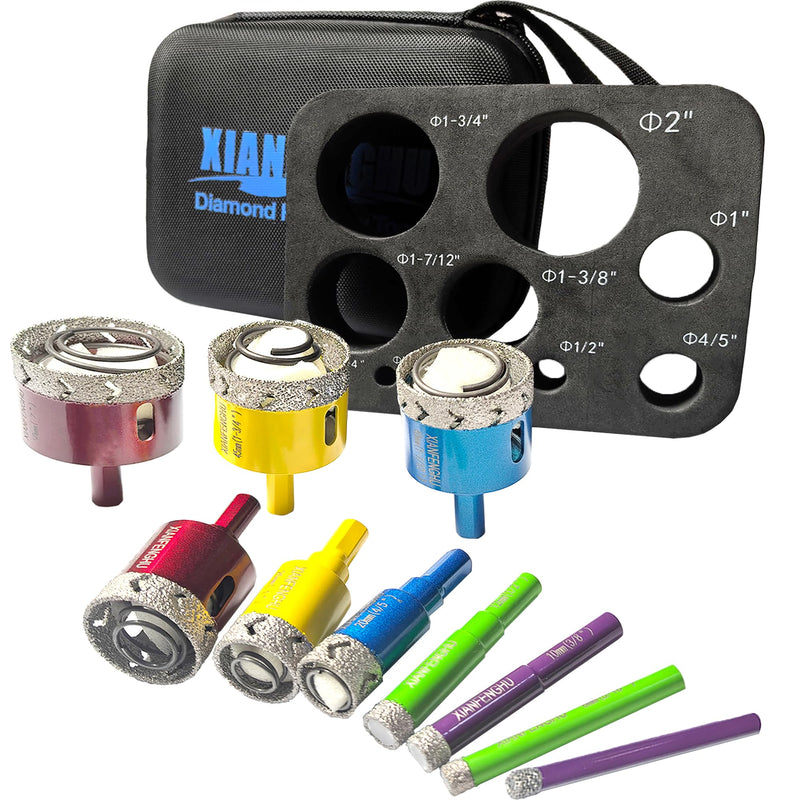 Diamond Hole Saw Kit Set 10PCS 1/4" to 2" Diamond Core Drill Bits for Porcelain Tile Ceramic Granite Stone Marble and More Drilling