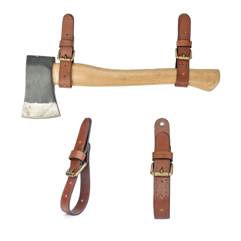 Leather Axe Hangers, Adjustable Wall Straps for Hatchets Tools Gun Display | Adjustable Brass Buckle, Pre-made Hanging Hole , Screw Installation,Set of Two Straps,Stylish Storage & Display, Multi-use