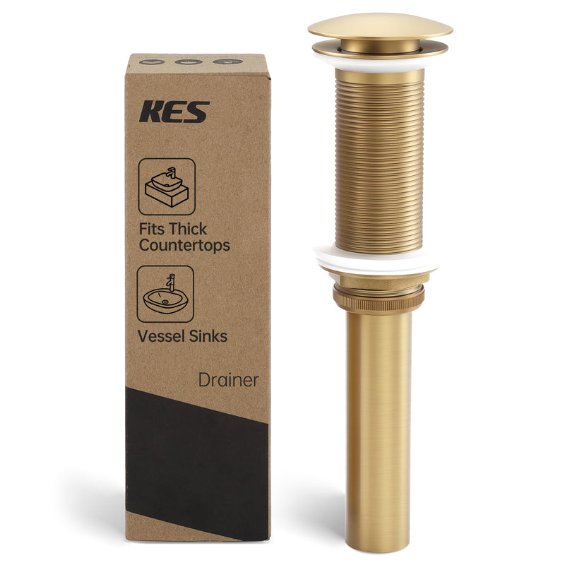 KES All-Metal Pop Up Bathroom Sink Drain, Extended Thread for Thicker Vessel Sinks & Countertops, Durable Brass & Stainless Steel, No Overflow, Brushed Gold, S2022D-BZ NO Overflow, Long Thread