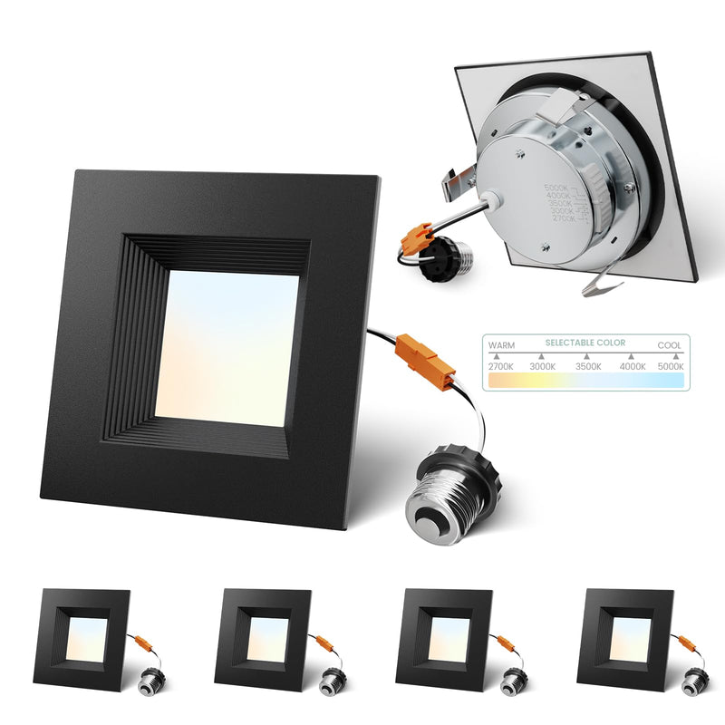 4 Inch Led Recessed Lights Square,Led Downlight Square Black,with Baffle Anti-Glare,5CCT 2700K-5000K Dimmable,9W 800LM,ETL & ES(4 Pack) 4