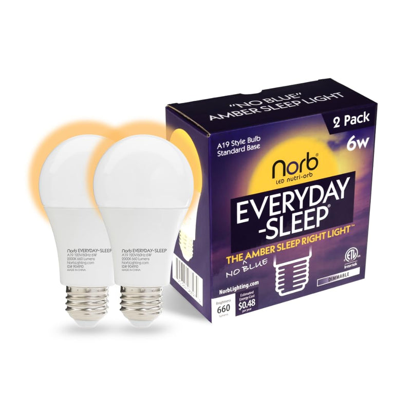 Norb Everyday Sleep Light Bulb - No Blue, Amber LED, 2000K Nighttime Lighting for Bedroom, Dimmable A19 Bulb Promotes Natural Melatonin & Circadian Rhythm for Babies, Kids, Adults, 6W (2-Pack)