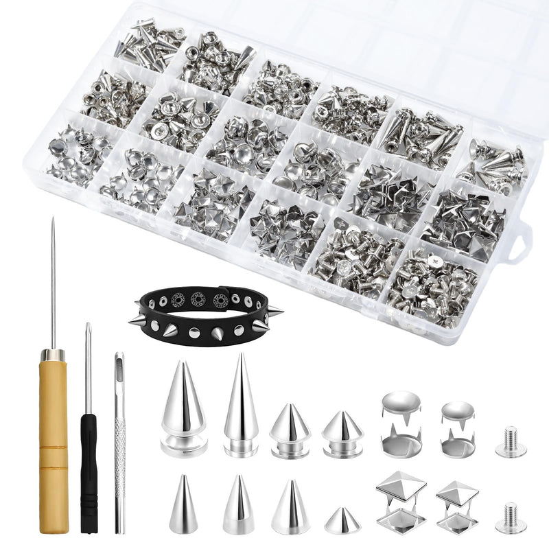 Lohoee 543 Sets Punk Studs and Spikes Kit，8 Size Cone Spikes, Square Pyramid Studs Round Leather Rivets for Leathercraft Clothing Accessories Dog Collar DIY Punk Style Decoration