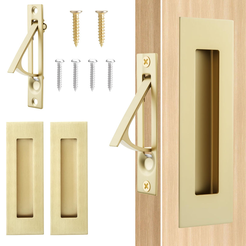 Pocket Door Hardware Set – 2 Recessed Flush Finger Pulls & 1 Edge Pull, Made of 304 Stainless Steel, Template Included, Gold