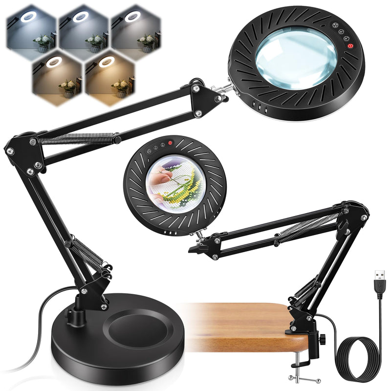12X Magnifying Glass with Light and Stand, 9 Dimmable Brightness, 5 Color Modes, Hands Free Metal Magnifying Lamp with Clamp for Craft Reading Painting Sewing Hobby Close Work