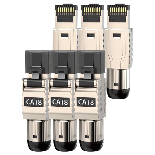 6-Pack Cat 8 RJ45 Connectors Tool Free, Cat8 Field Termination Plug Shielded RJ45 Modular Plugs for 2000MHz 2GHz 40G Double Shielded Solid LAN Cable 22AWG-24AWG 6 Pack