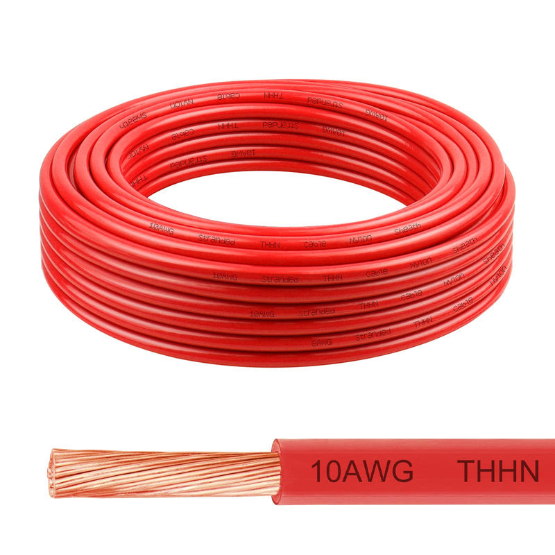 THHN Wire 10 Gauge 25 FT, 10 AWG Stranded OFC Copper Electrical Building Wire with Nylon Jacket PVC Insulation, Rated 600V for Residential, Industrial, CNC, Ground (10 Gauge, Red) 10 AWG 25FT