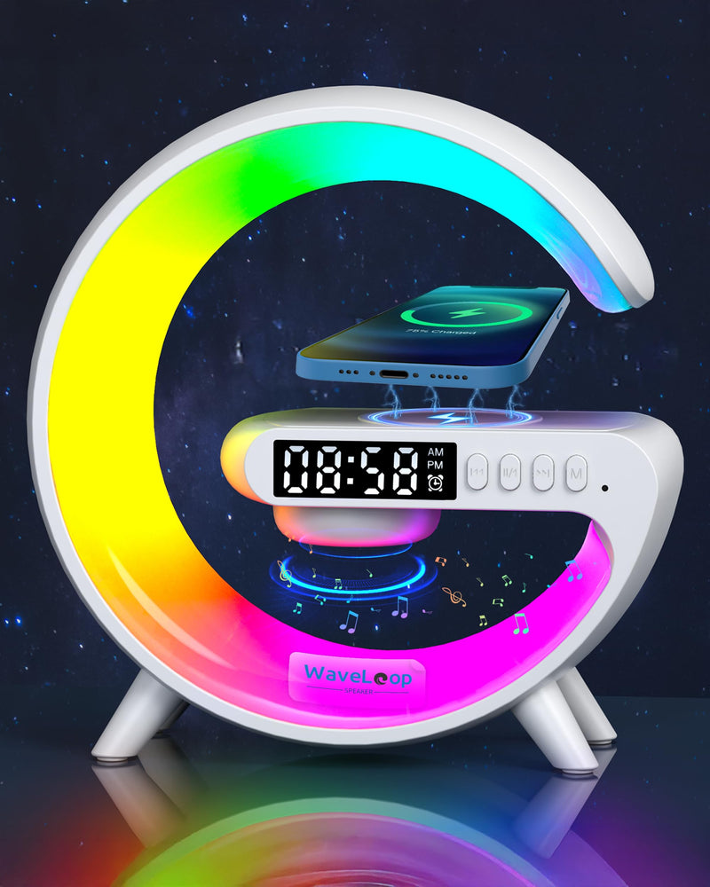 Waveloop Speaker Alarm Clocks for Bedrooms with Wireless Charging and G Bluetooth Speaker, Sunrise Wake Up Light RGB Night Lamp, 4-Button Bedside Alarm Clock for Bedroom Time Display, USB-C