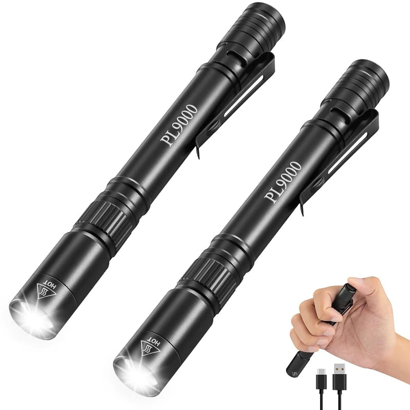 2Pack Pen Flashlight Rechargeable PL9000, 5Mode Bright Pen Light Flashlight High Lumens, Waterproof Pocket Flashlights, EDC Adjustable Tactical Flash Light, LED Small Lights with Clip for Emergencies 2Pack
