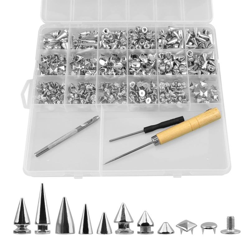 455Pcs Punk Studs for Clothing, 11 Size Metal Spikes and Studs Leather Rivets for Craft, Square Pyramid Studs Round Dome Rivets DIY Punk Style Decoration for Clothes Shoes Belts