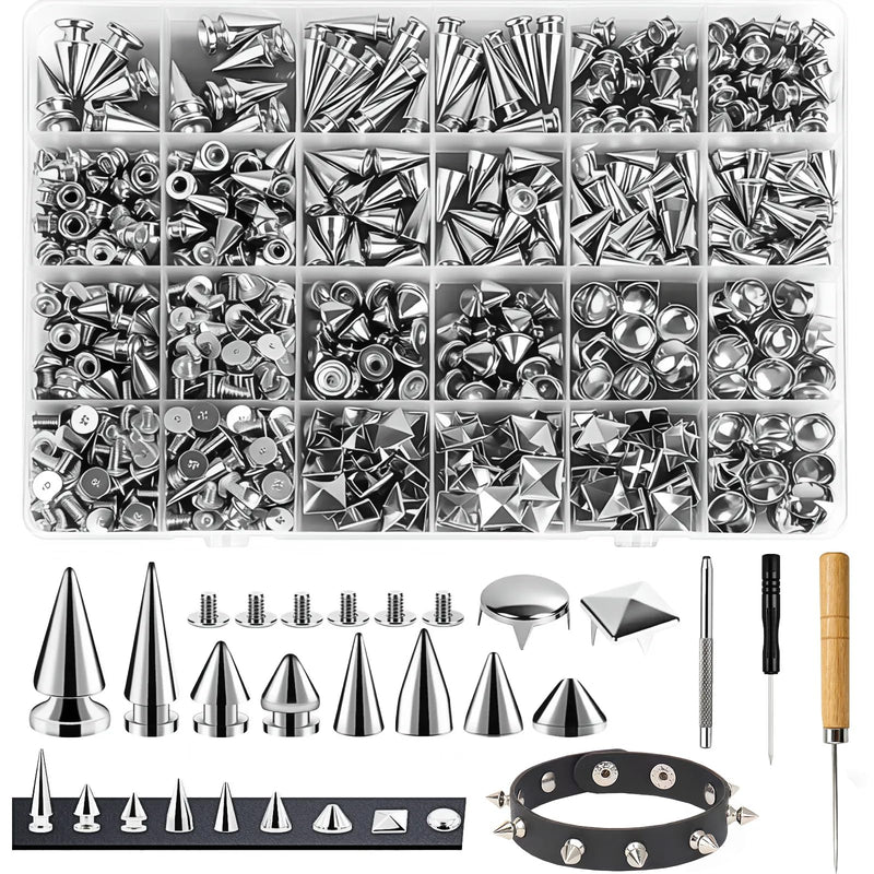 555 PCS Studs and Spikes for Clothing, 10 Size Metal Studs Leather Rivets for Craft, Square Pyramid Studs Round Dome Rivets DIY Punk Style Decoration for Clothes, Shoes, Belts, Dog Collars silver