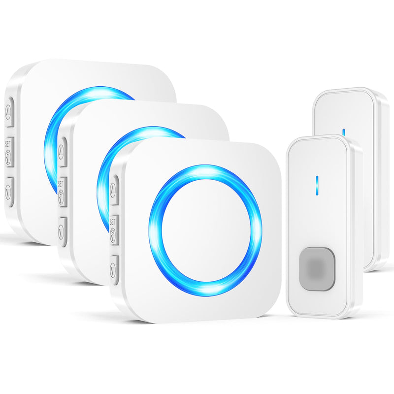 SURFOU Wireless Doorbell 1300FT Range for Home/House/Office/Business/Classroom, 55 Melodies Waterproof Door Chime Kit with 5 Volume Levels & LED Flash, 2 Push Buttons & 3 Plug-in Receivers, White 2 Buttons+3 Receivers-White