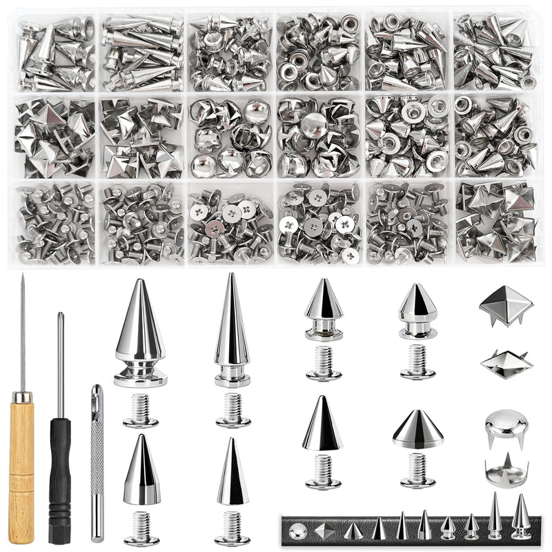 CeeVian Punk Studs for Clothing 455PCS Silver Punk Studs Rivets Kit 10 Size Metal Alloy DIY Spikes for Leathercraft and Punk Style Clothing Accessories DIY Craft Decoration Dog Collar 455
