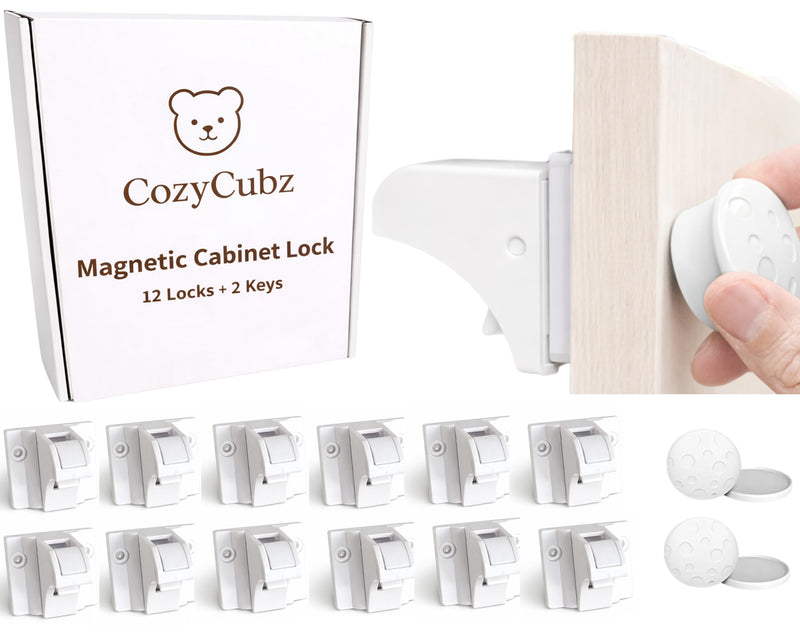 CozyCubz Magnetic Cabinet Locks Baby Proofing - 12 Locks + 2 Keys | Child Proofing Cabinet & Drawers | Invisible, No-Drill Child Safety Locks | Strong Hold, Easy Install, Damage-Free Child Proof Lock