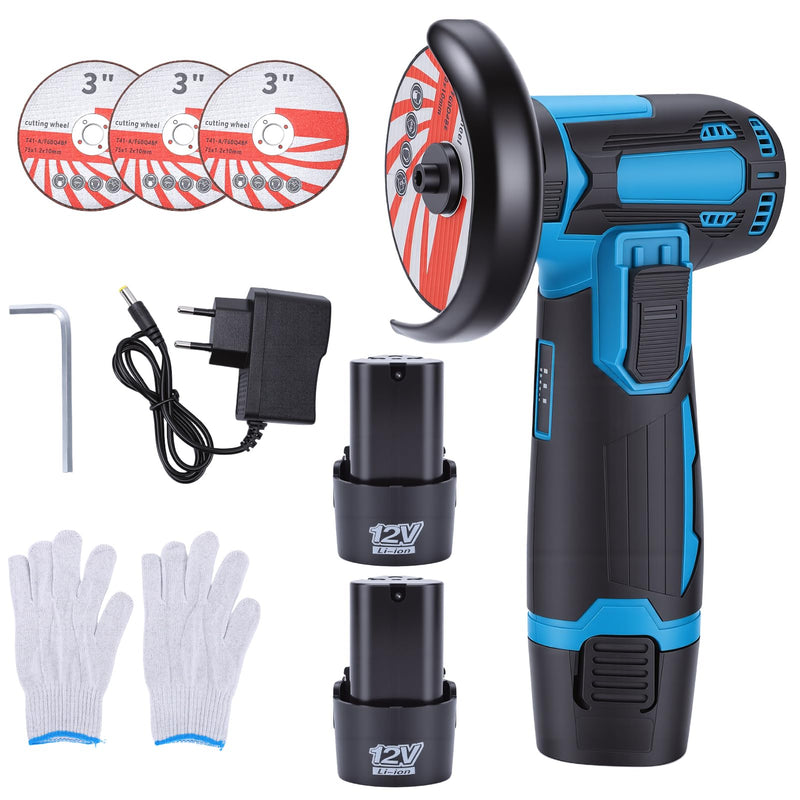 Cordless Brush Angle Grinder Kit,19500rpm Mini Electric Angle Grinding Tool, 550W Grinder Handheld Cutter for Cutting with 2 pcs 12V 1500mAh Batteries, for Metal/Wood Cutting and Grinding