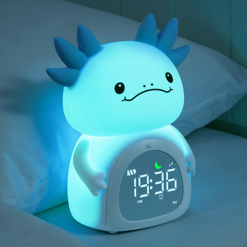 Axolotl Alarm Clock for Kids, Rechargeable Ok to Wake Clock with Night Light - BPA-Free Silicone Sleep Training Clock, Cute Toddler Wake Up Clock for Boys Girls Bedroom Blue Axolotl